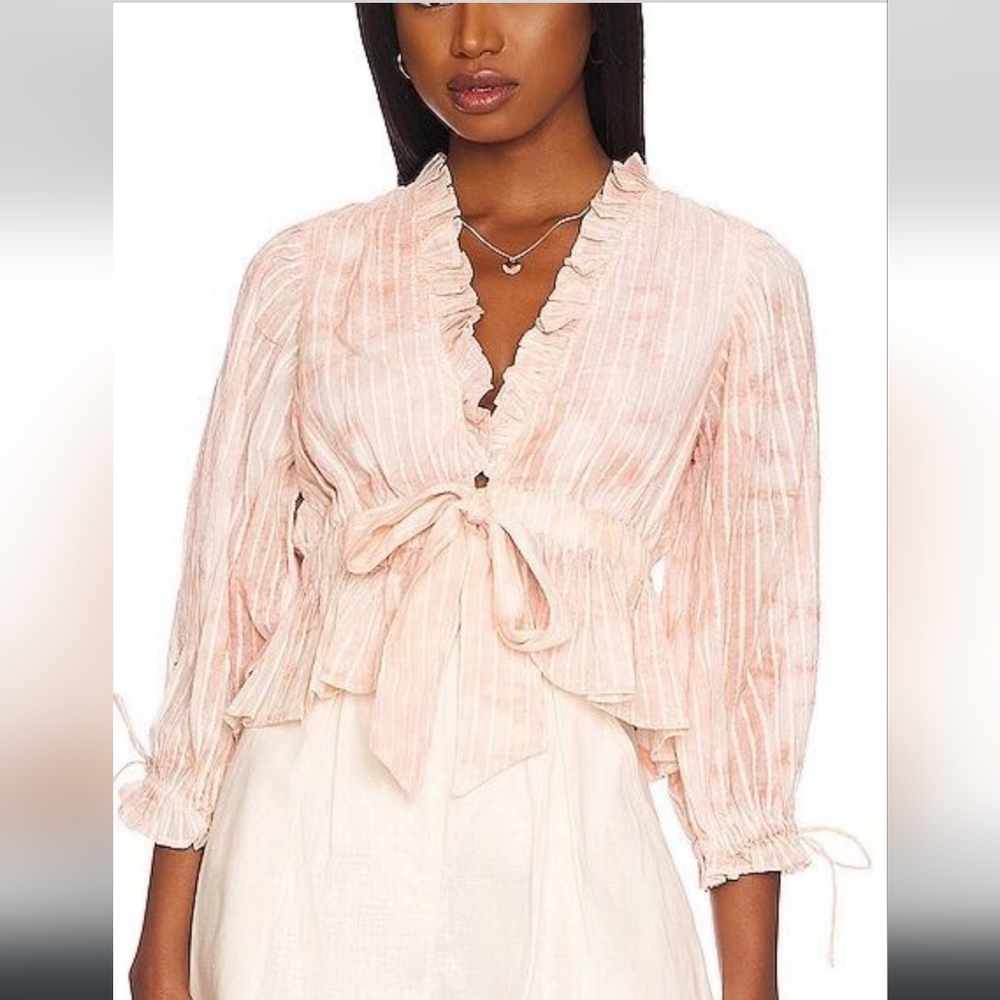 Cleobella Blush Pink Striped Ruffle Tie-Front Blouse